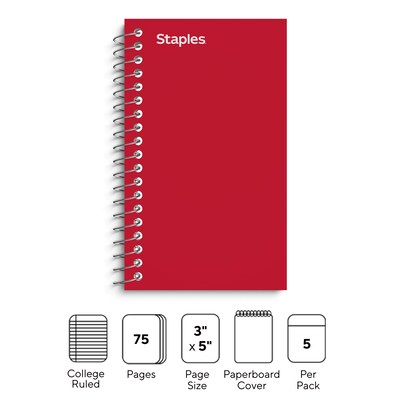 Staples® Memo Books, 3" x 5", College Ruled, Assorted Colors, 75 Sheets/Pad, 5 Pads/Pack (TR11493)
