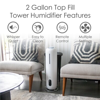 Crane Ultrasonic Cool Mist Tower Humidifier, 2-Gallon, White (EE-6917)