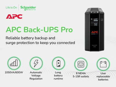 APC Back-UPS Pro 1000VA 8-Outlet UPS, Black (BN1050M)