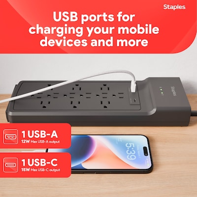 Staples TECH 12-Outlet 2-USB Port Surge Protector, 8', 3900 Joules, Black (ST62774)