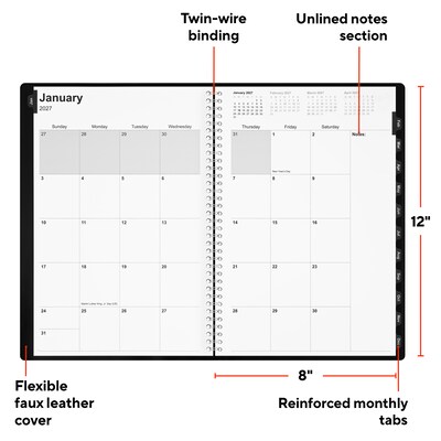 2027 Staples 8 x 12 Monthly Planner, Faux Leather Cover, Black (ST63596-27)
