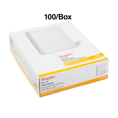 Staples® Wove Side-Opening Booklet Envelopes; 9" x 12", White, 100/Box (473009/19307)