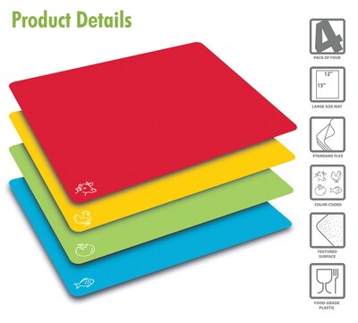Better Kitchen Products Extra Thick Plastic Cutting Board Mats, 15" x 12", Assorted Colors With Food Icons, 4/Set (97101-4PK)