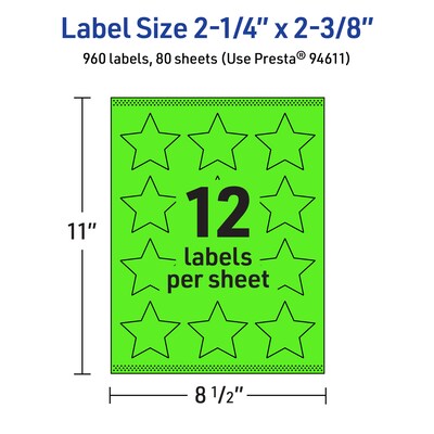 Avery Burst Multipurpose Labels, 2-1/4" x 2-3/8", Neon Green, 960/Box (94611)