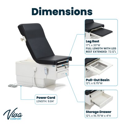 Viva Comfort Pointe Power Adjustable Exam Table with Stirrups, 450 lbs. Capacity, Black (ADI996-10-BLK-MK)