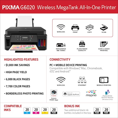 Canon PIXMA MegaTank G6020 Wireless Color Inkjet Printer, All-In-One Supertank, Print, Scan, Copy (3113C002)
