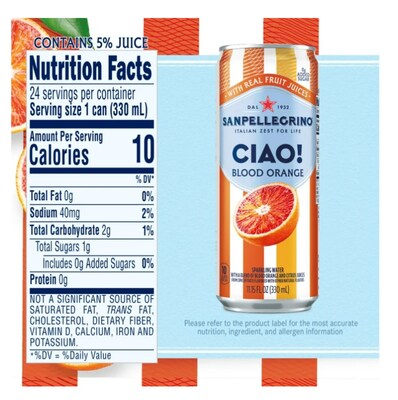 SANPELLEGRINO CIAO! Blood Orange Flavored Sparkling Seltzer Water, 11.15 oz., 6 Cans/Box (0-41508-59704-3)
