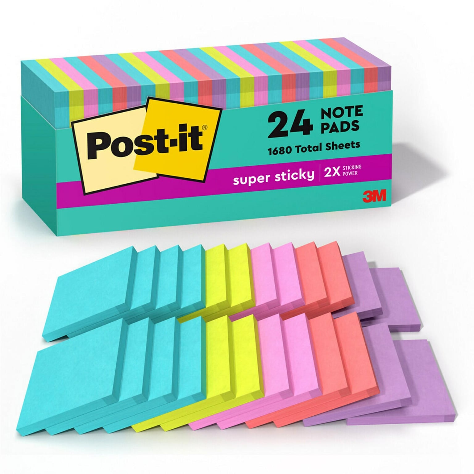 Post-it Super Sticky Notes, 3 x 3 in., 24 Pads, 70 Sheets/Pad, 2X the Sticking Power, Supernova Neons Collection