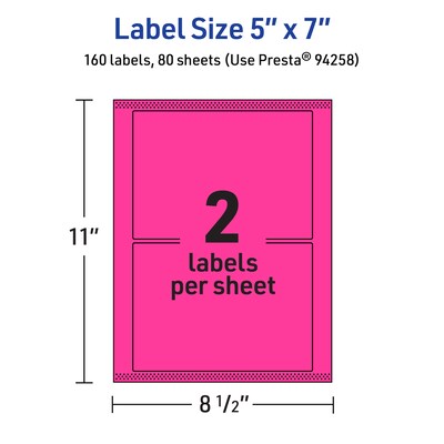 Avery Laser/Inkjet Rectangle Multipurpose Labels, 5" x 7", Neon Magenta, 160/Box (94258)