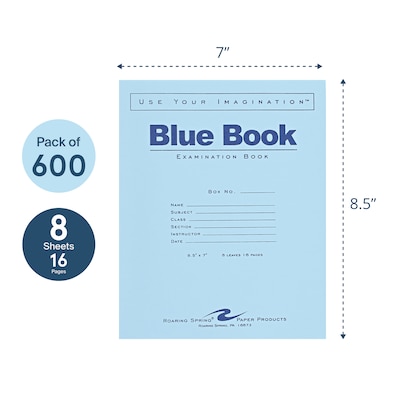 Roaring Spring Paper Products Exam Notebook, 7"x 8.5", Wide-Ruled, 8 Sheets, Blue, 600/Carton (77512CS)