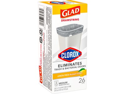 Glad Clorox 8-Gallon Trash Bag, 0.74 mil, Lemon Fresh Bleach, Gray, 26 Bags/Box (79316)