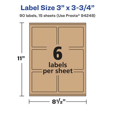 Avery Laser/Inkjet Rectangle Multipurpose Labels, 3" x 3.75", Kraft Brown, 90 Labels/Pack ( 94248)