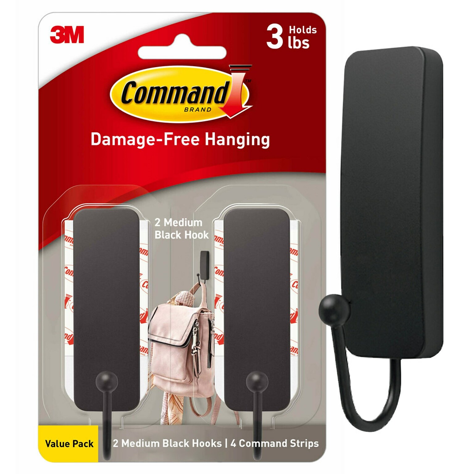 Command Medium Designer Hooks, 3 lb., Matte Black, 2/Pack (17034MB-2ES)