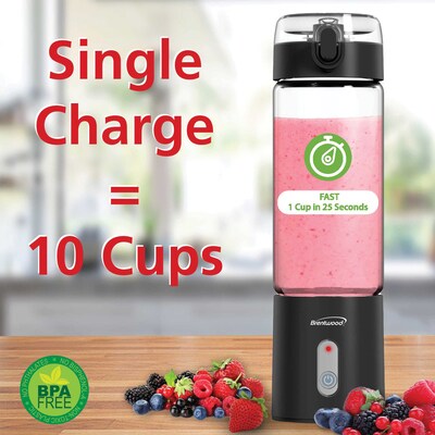Brentwood 17-Oz. Portable Battery-Operated USB-Chargeable Glass Blender, Black (RJB-100BK)