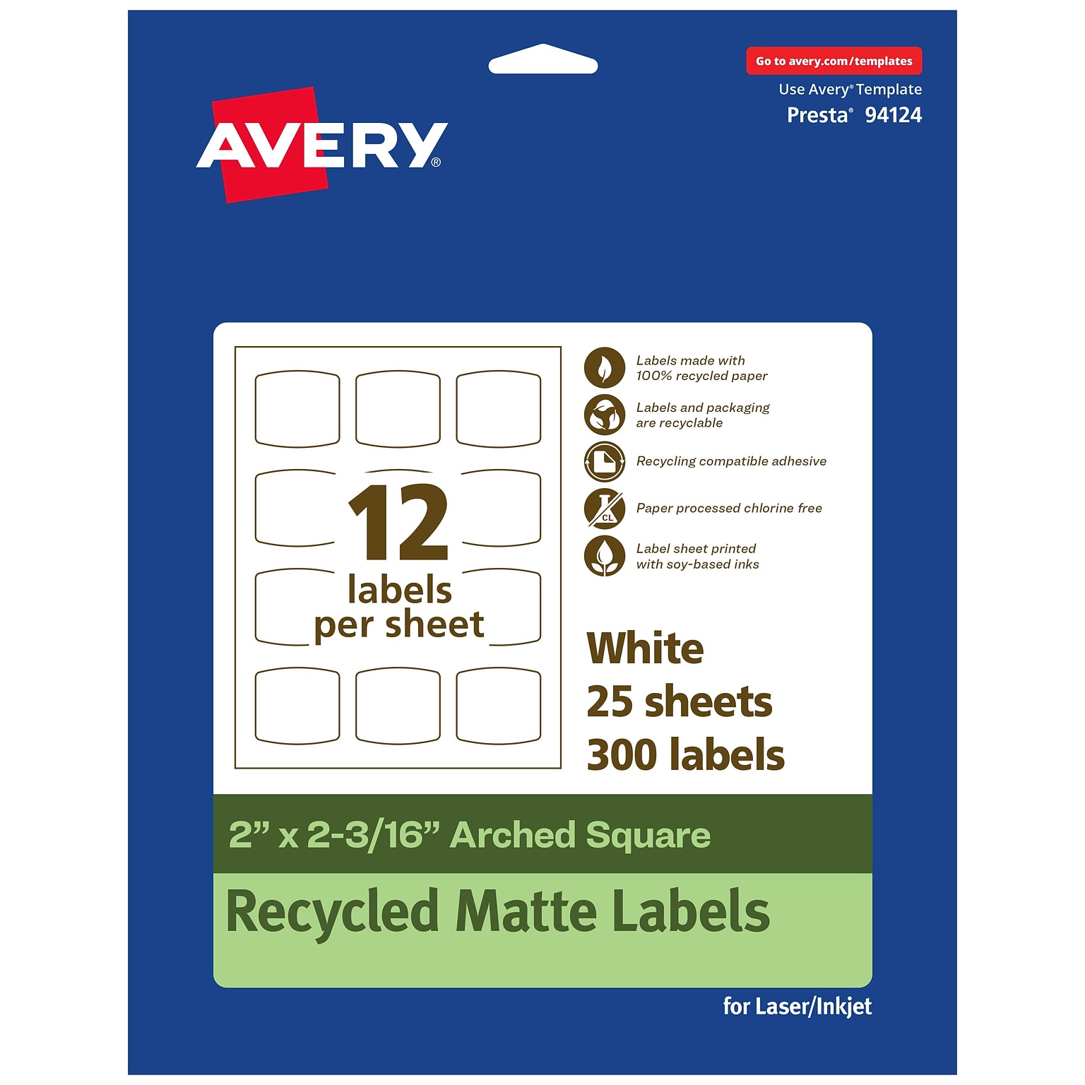 Avery EcoFriendly Laser/Inkjet Square Multipurpose Labels, 2 x 2-3/16, White, 300/Pack (94124)