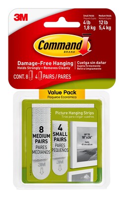 Command™ Small and Medium Picture Hanging Strips, White, 8 Medium and 4 Small Sets/Pack (17203-ES)