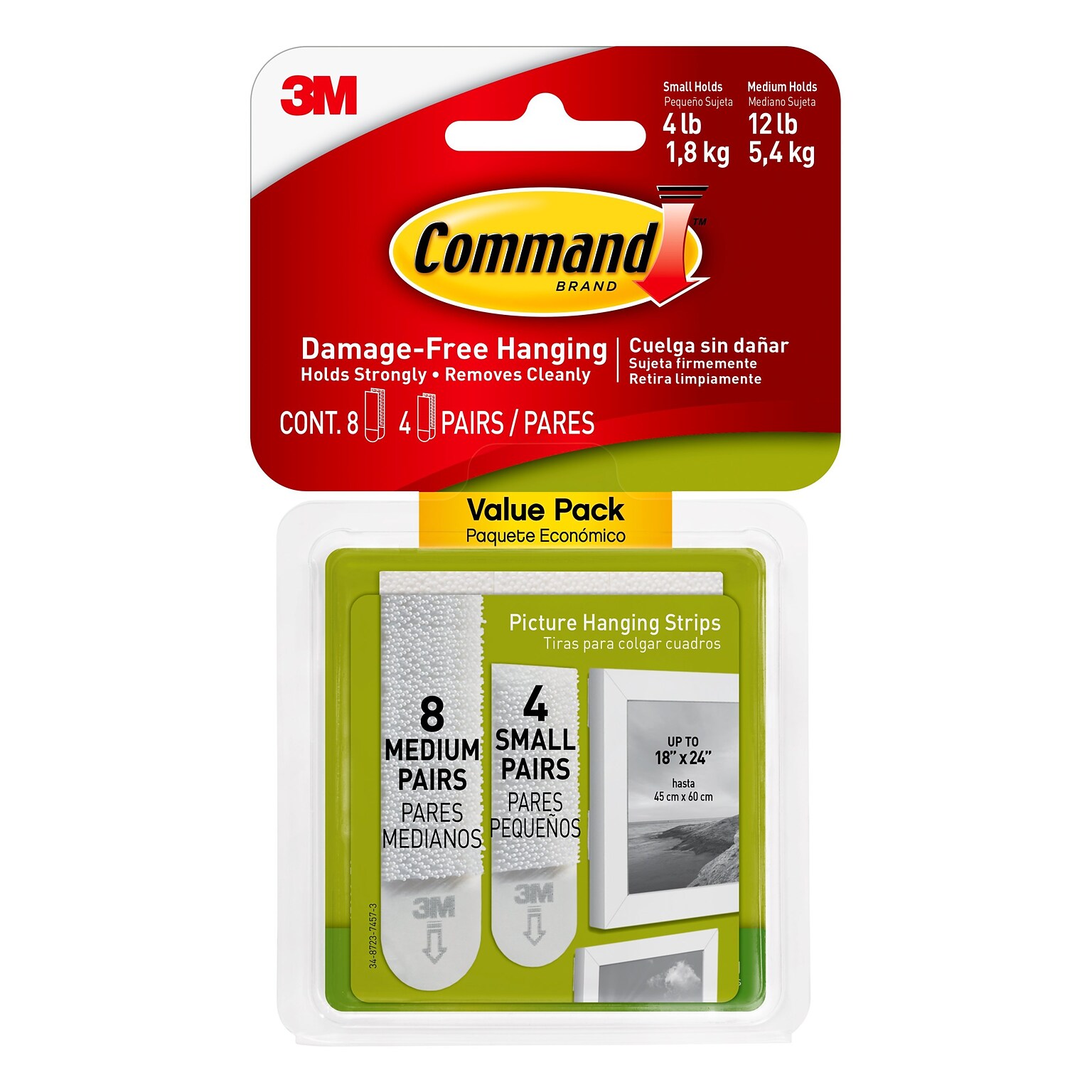 Command™ Small and Medium Picture Hanging Strips, White, 8 Medium and 4 Small Sets/Pack (17203-ES)