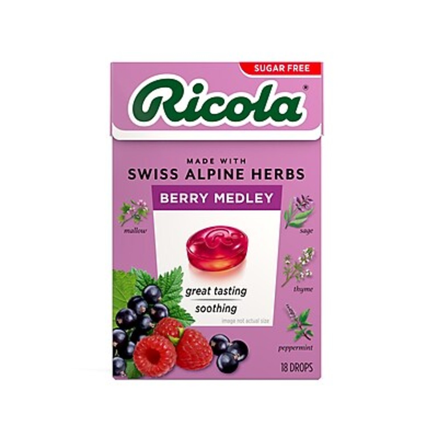 Ricola Sugar Free Herbal Throat Drop Lozenge, Berry Medley, 18/Box (3000422)