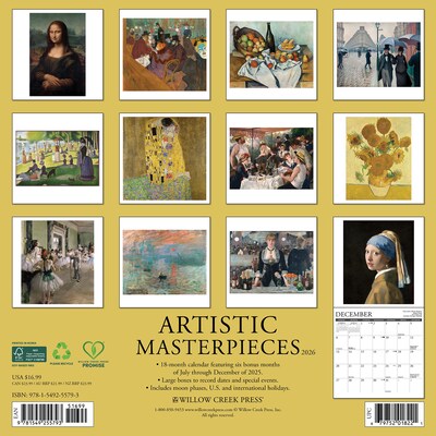 2026 Willow Creek Artistic Masterpieces 12 x 12 Monthly Wall Calendar (55793X)