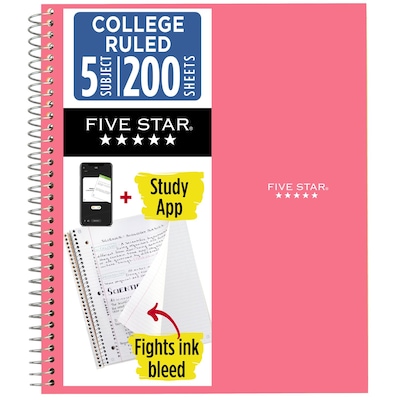 Five Star Spiral Notebook Plus Study App, 5 Subject, College Ruled, 8.5 x 11, Prom Pink (820004R)