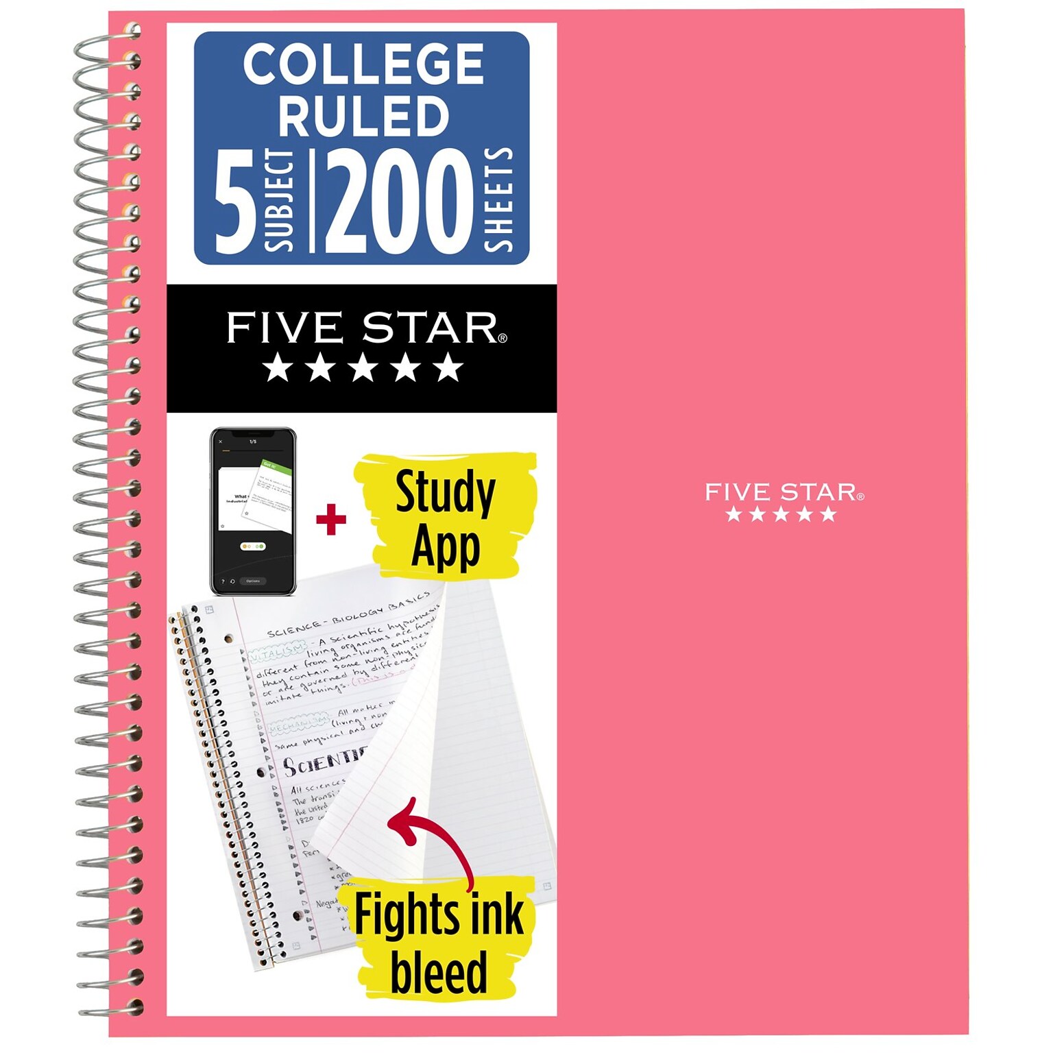 Five Star Spiral Notebook Plus Study App, 5 Subject, College Ruled, 8.5 x 11, Prom Pink (820004R)