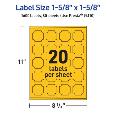 Avery Square Scalloped Laser/Inkjet Multipurpose Labels, 1-5/8" x 1-5/8", Bright Yellow (1600/Box)