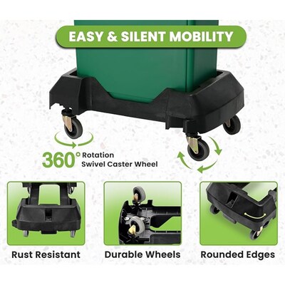 Alpine Industries Plastic Trash Can and Dolly, 23 Gallon, Black (ALP477-BLK-PKD)