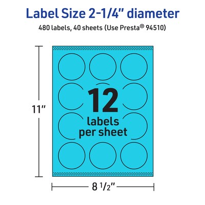 Avery Laser/Inkjet Multipurpose Circle Labels, 2.25" Dia., Bright Blue, 480/Pack (94510)