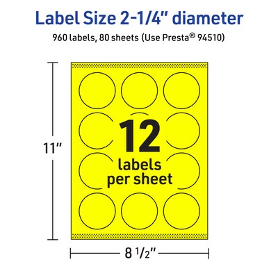 Avery Laser/Inkjet Round Multipurpose Labels, 2.25" Dia., Neon Yellow, 960/Box (94510)