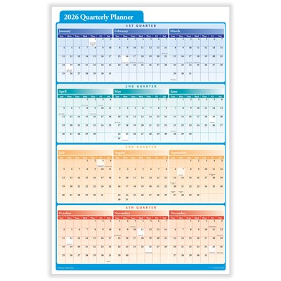2026 ComplyRight Quarterly Planner 36 x 24 Yearly Dry Erase Wall Calendar, Red/Blue/Orange (J0061)