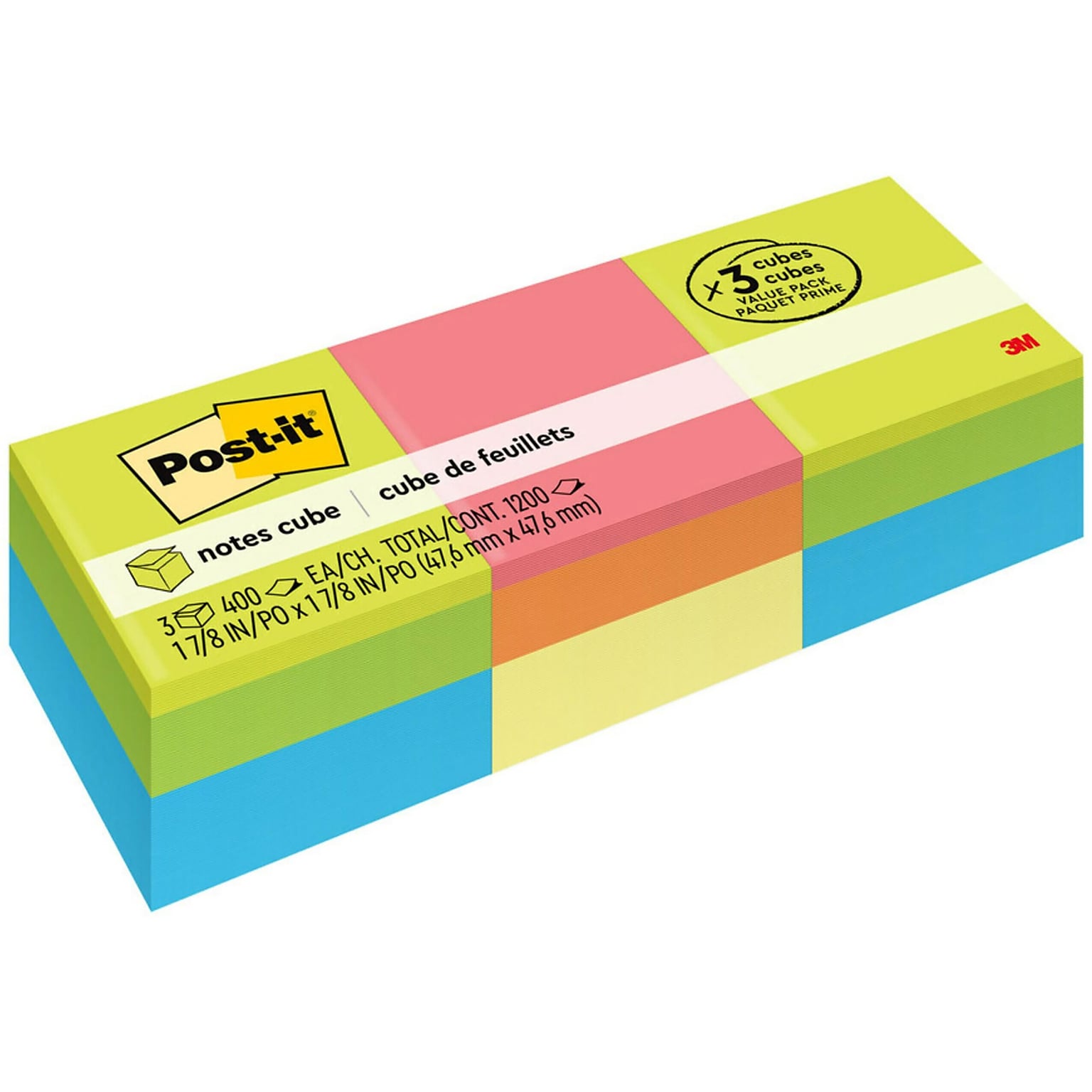 Post-it Notes, 1 7/8 x 1 7/8, Assorted Bright Colors, 400 Sheets/Pad, 3 Pads/Pack (2051-3PK)