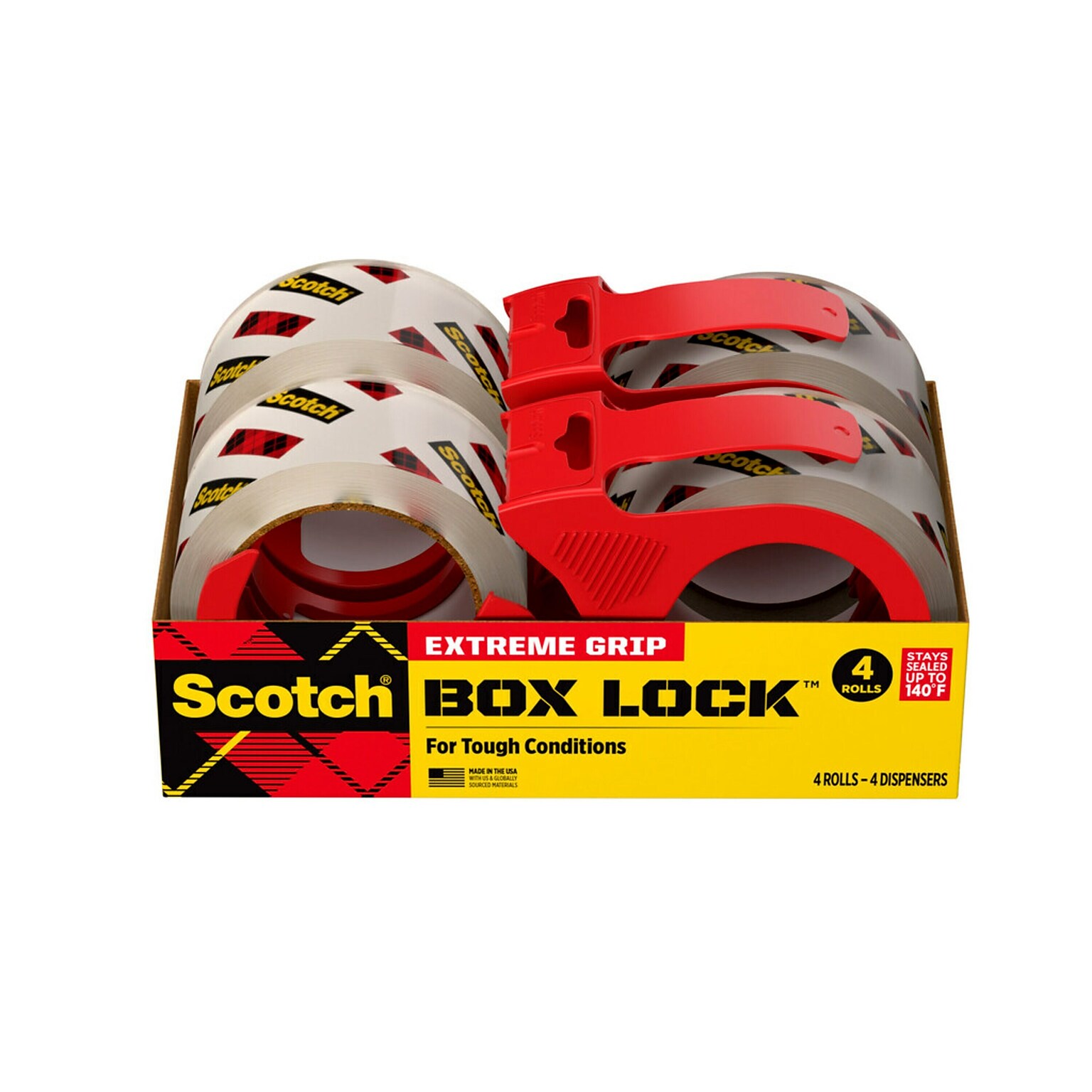 Scotch Box Lock Shipping Packing Tape with Refillable Dispensers, 1.88 in x 54.6 yd, Clear, 4/Pack (3950-4RD)