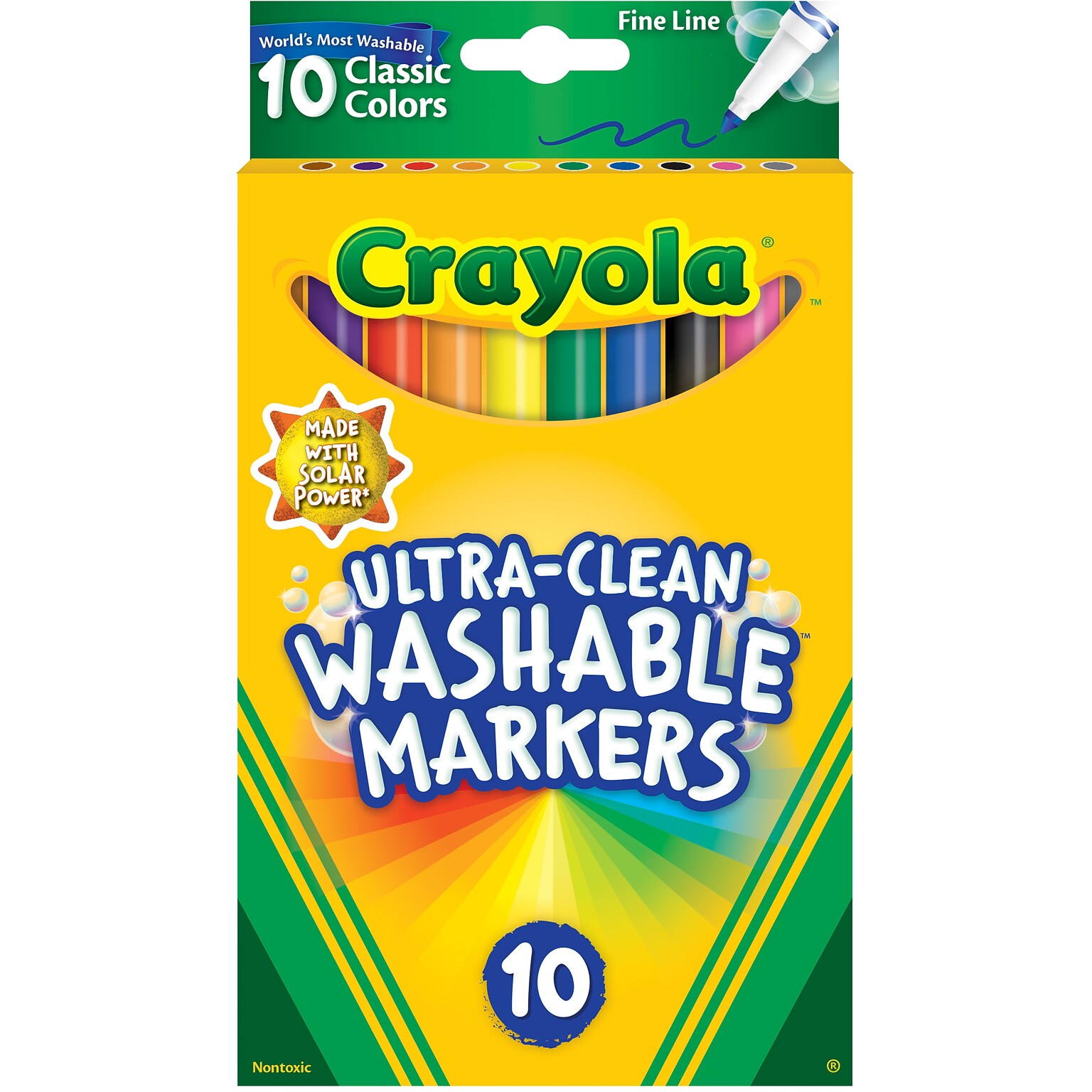 Crayola Ultra-Clean Washable Markers, Fine Line, Assorted Colors,  10/Box (58-7852)
