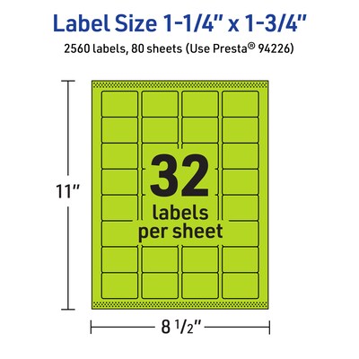 Avery Laser/Inkjet Multipurpose Rectangle Labels, 1.25" x 1.75", Bright Green, 2560/Box (94226)