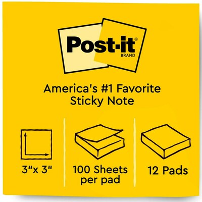 3M Post-it Original Plain Notes, 1-1/2 x 2 Inches, Canary Yellow, Pack of 12