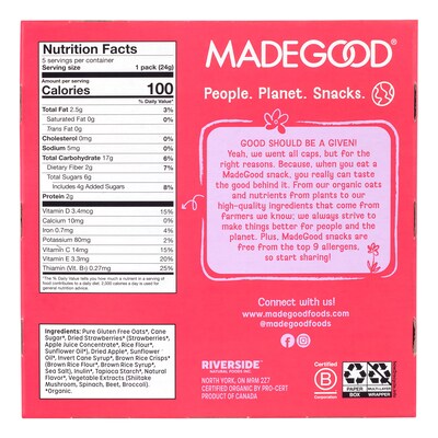 MadeGood Strawberry Granola Minis, 0.85 oz., 5 Bags/Pack, 6/Pack (220-02847)