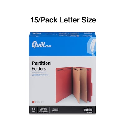 Quill Brand® 2/5-Cut Tab Pressboard Classification File Folders, 2-Partitions, 6-Fasteners, Letter, Brown, 15/Box (738036)