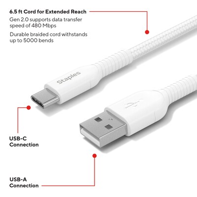 Staples TECH USB-C to USB-A Charging Cable, 6.5 ft., White (ST62338)