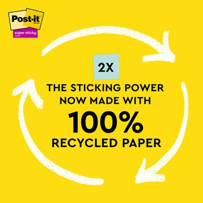 Post-it® 100% Recycled Paper Super Sticky Notes, 3 x 3, Wanderlust Pastels Collection, 12 Pads/Pac