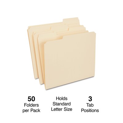 Quill Brand® Heavy-Duty Reinforced File Folders, 1/3-Cut, Letter Size, Assorted Tabs, Manila, 50/Box (71043450)