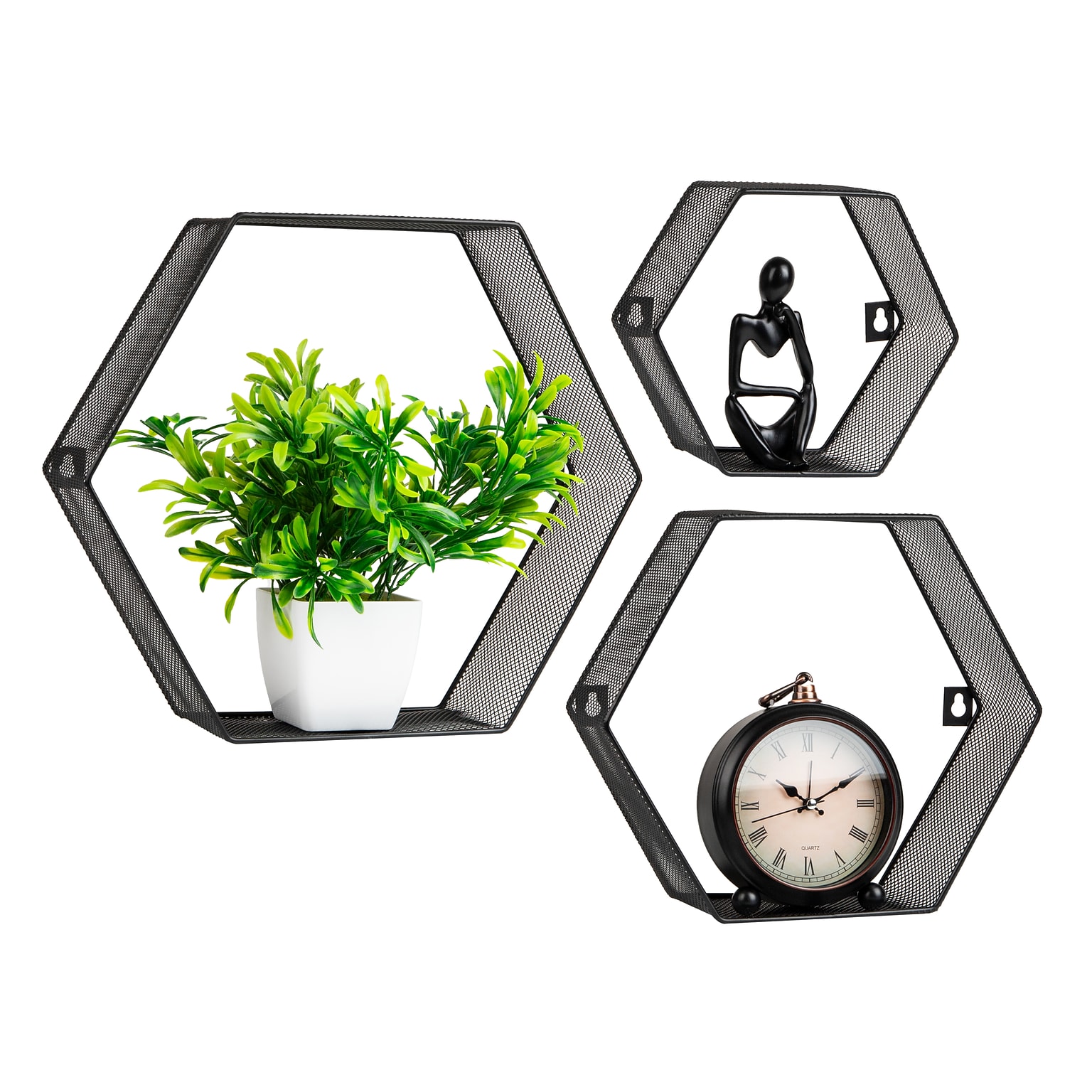 Mind Reader 3-Shelf Metal Honeycomb Hexagon Floating Shelves, Black, 3/Set (WALL3PC-BLK)