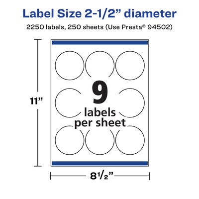 Avery Laser/Inkjet Round Multipurpose Labels, 2.5" Dia., White, 2250 Labels/Box (94502)