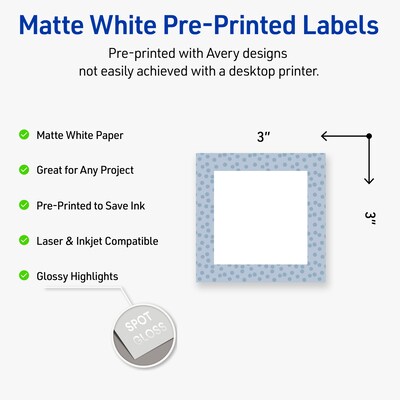 Avery Laser/Inkjet Square Multipurpose Labels, 3 x 3, White, 60/Pack (S00F8E)