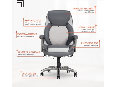 Sharper Image S-600 Active Lumbar Heated Ergonomic Bonded Leather Swivel Executive Massage Chair, Gray (60098-GRY)