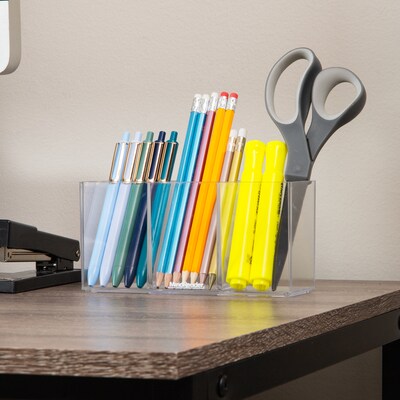 Mind Reader 3-Compartment Plastic Pen and Accessories Holder, Clear, 3/Pack (PENCOMP3-CLR)