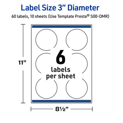 Avery Laser/Inkjet Circle Multipurpose Labels, 3" Dia., White, 60/Pack (S00DMR)