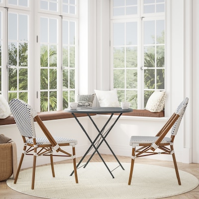 Flash Furniture Lourdes Contemporary Aluminum and PE Rattan Bistro Stack Chairs, White/Navy/Natural, Set of 2 (2SDA6421FWHNVNT)