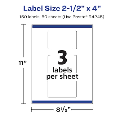 Avery Laser/Inkjet Rectangle Waterproof Multipurpose Labels, 4"  x 2.5", White, 150/Box (94245)