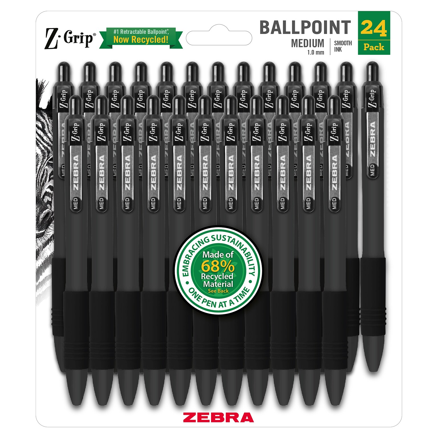 Zebra Z-Grip Retractable Ballpoint Pen, Medium Point, 1.0mm, Black Ink, 24/Pack (20314)