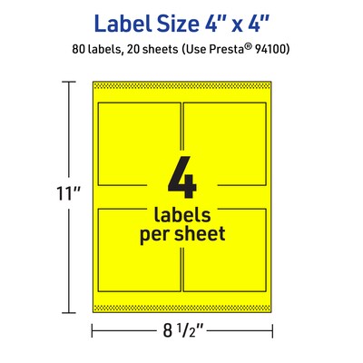 Avery Laser/Inkjet Multipurpose Square Labels, 4" x 4", Neon Yellow, 80/Pack (94100)